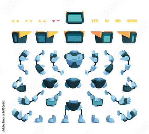 Robot characters. Creation kit with robotic steel parts head arms feet body animation garish vector funny character