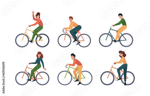 Bicycle. Urban transport fast bike with riders active lifestyle people sitting on bycicles garish vector flat illustrations