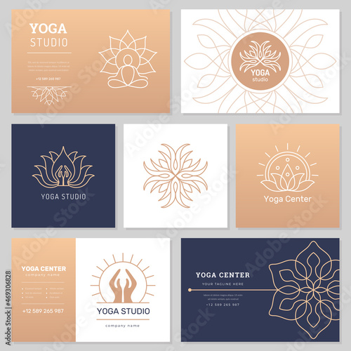 Yoga identity card. Ethnic pictures stylized elements for yoga club cards india organic illustrations spa salon branding recent vector templates with place for text
