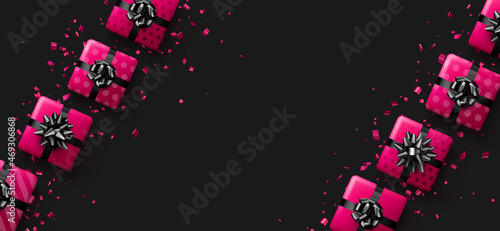 Pink polka dot and striped gift boxes with black bows and confetti.