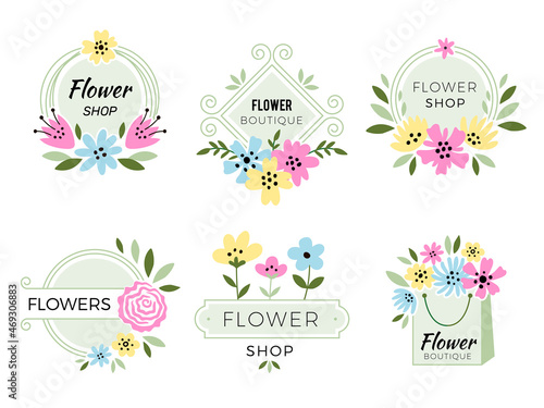 Flowers shop logo. Botanical vintage decoration bouquet with rose buds and leaves designs for wedding invitation cards recent vector stylized symbols