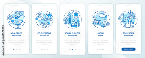 Types of social entrepreneurships blue onboarding mobile app page screen. Walkthrough 5 steps graphic instructions with concepts. UI, UX, GUI vector template with linear color illustrations