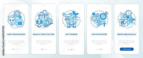 Steps to start social entrepreneurship blue onboarding mobile app page screen. Walkthrough 5 steps graphic instructions with concepts. UI, UX, GUI vector template with linear color illustrations