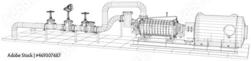 Wire-frame line pumping unit isolated on white. Vector rendering of 3d.
