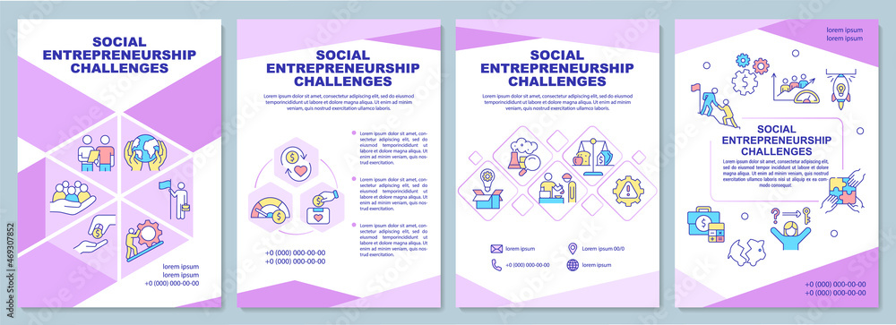 Fototapeta premium Social entrepreneurship challenges brochure template. Flyer, booklet, leaflet print, cover design with linear icons. Vector layouts for presentation, annual reports, advertisement pages
