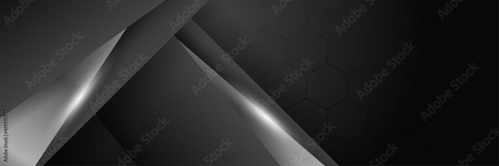 Modern 3D black grey metal abstract wide web banner background with geometric shapes. Vector digital technology futuristic abstract graphic design banner pattern background template. Modern 3D black grey metal abstract wide web banner background with geometric shapes. Vector digital technology futuristic abstract graphic design banner pattern background template.