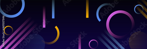 Modern blue yellow pink abstract wide web banner background with geometric memphis shapes. Vector digital technology futuristic abstract graphic design banner pattern background template.