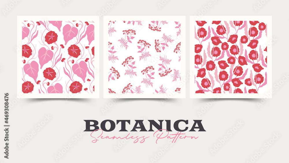 Flowers seamless pattern collection. Pink color. Modern trendy Matisse minimal style. Flowers seamless pattern collection. Pink color. Modern trendy Matisse minimal style.