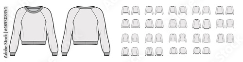 Set of sweatshirts technical fashion illustration with fitted oversized fitted body, crew V- neckline, long elbow sleeves. Flat jumper apparel template front, back, grey color. Women, men, top mockup