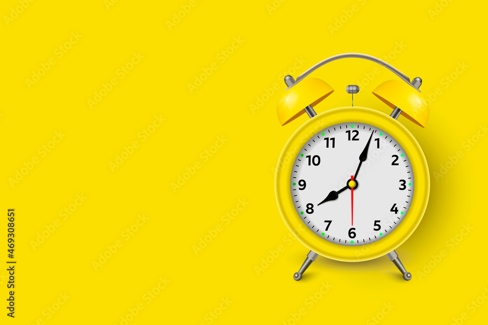 Alarm clock. 3d illustration isolated on yellow trendy background. Yellow alarm clock at one close-up. Raster illustration. 3D image. Alarm clock. 3d illustration isolated on yellow trendy background. Yellow alarm clock at one close-up. Raster illustration. 3D image.