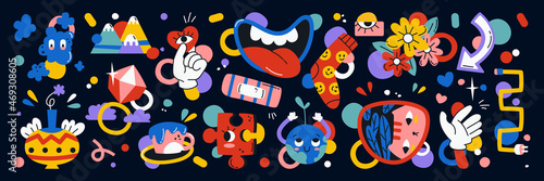 Comic shape cartoon doodles, funny faces and abstract patterns, objects and flowers. Vector mountains, food and puzzles, hearts and cute characters, eyes, clouds and socks. Diamond and socket plug