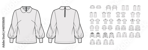 Set of blouses key-hole back closure tops, shirts, technical fashion illustration with fitted oversized body, short long sleeves. Flat apparel template front, grey color. Women, men unisex CAD mockup
