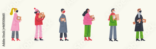 Hand drawn illustration people queuing post office
