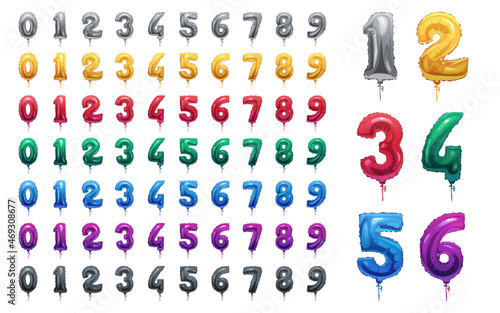 Colorful number foil and latex, helium balloons from 0 to 9. Vector party, birthday, celebrate anniversary and wedding decoration. Realistic design elements. Festive set, figure font or alphabet