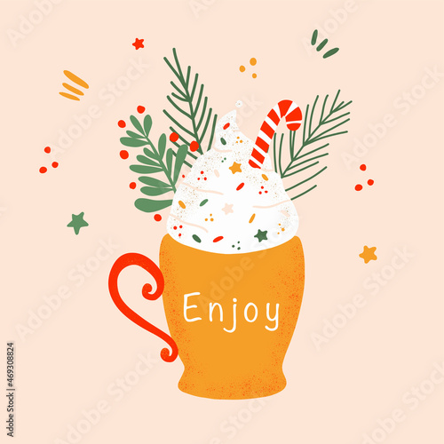 Christmas drink with coffee  cocoa or chocolate. Mug of cacao with whipped cream  marshmallow and candy cane. Greeting card for Xmas  New year or winter holidays. Vector illustration.