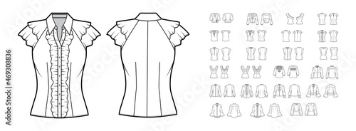 Set of flared shirts, blouses technical fashion illustration with bow, tiered, frilled details, fitted oversized body. Flat tops apparel template front, back, white color. Women, men unisex CAD mockup