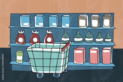 Shopping cart in front of a supermarket shelf with different products. Handmade digital illustration. 