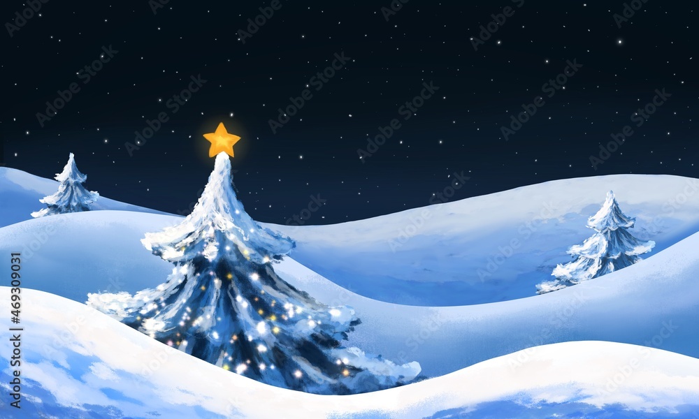 Christmas winter landscape background with illuminated tree under the night sky. Digital illustration.