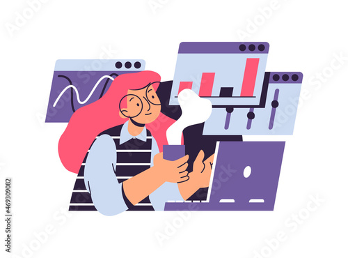 Man working on laptop flat cartoon illustration. Vector data business research, diagram analytics settings on background. Businessman sitting with cup of coffee or tea, comfortable work at home