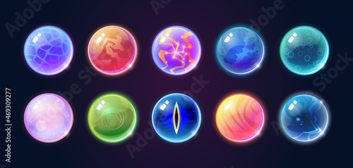 Cartoon fortunetellers, glass balls magic crystals isolated paranormal magical objects set. Vector multicolor glass spheres, fragile balloons of sorcerers fortune-tellers, esoteric mystery souvenirs