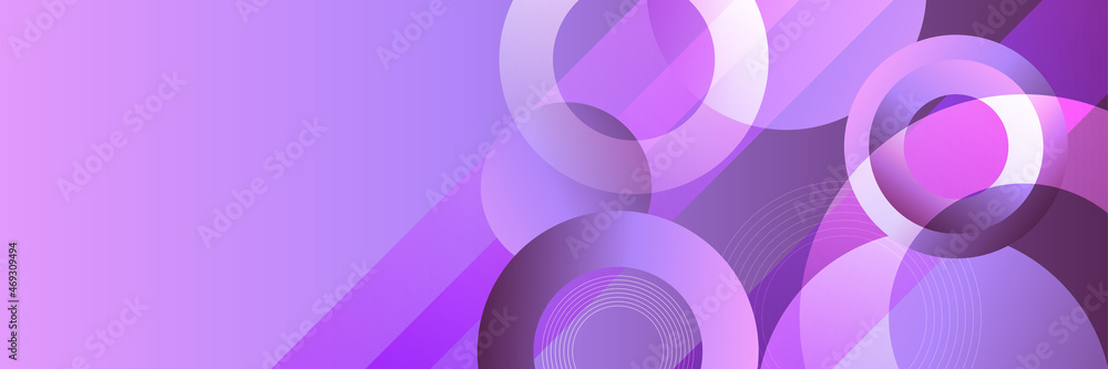 Obraz premium Modern gradient purple abstract banner background with circles geometric shapes. Colorful horizontal wide web header banner design template. Vector graphic design banner pattern background template.