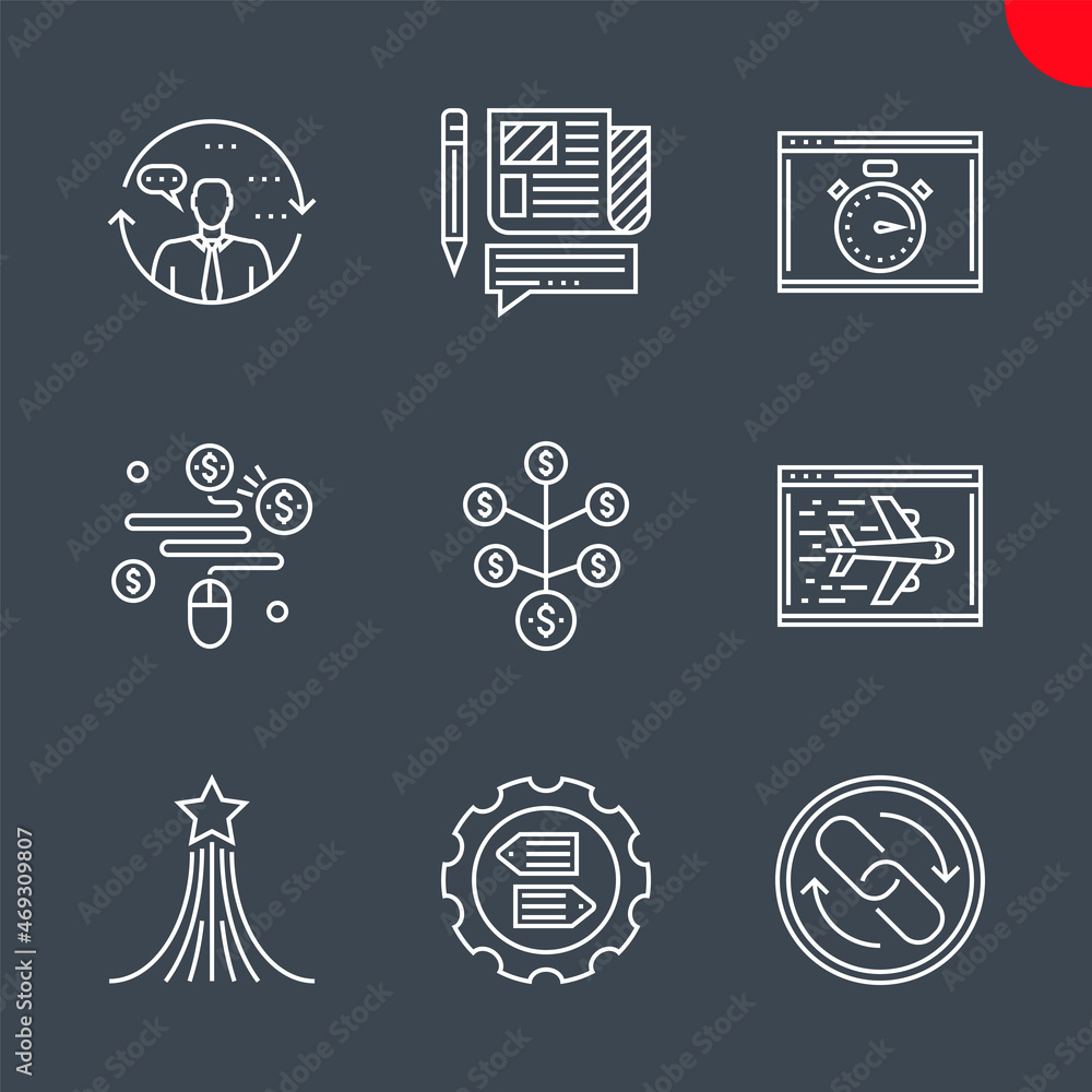 SEO Related Vector Line Icons Set. Pay per click, press relise, return on investment, landing page, backlinks, perfomance, consulting, strategy for victory, seo tag optimization. Editable Stroke SEO Related Vector Line Icons Set. Pay per click, press relise, return on investment, landing page, backlinks, perfomance, consulting, strategy for victory, seo tag optimization. Editable Stroke