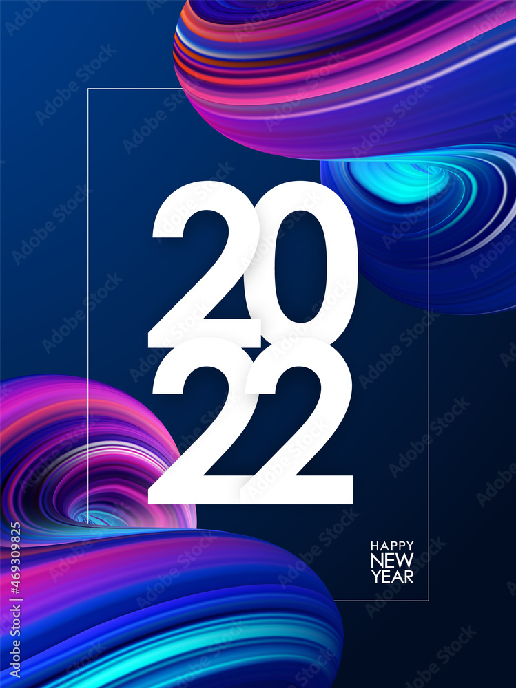 Fototapeta premium Happy New Year 2021. Greeting poster with 3D Neon colored abstract twisted fluide shape. Trendy design