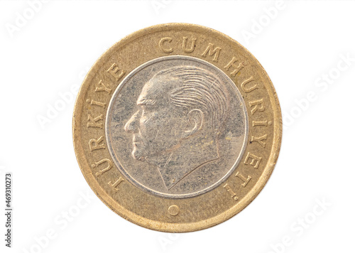 Turkish lira, scratched iron coin isolated on white. turkish money with Kemal Ataturk portrait.