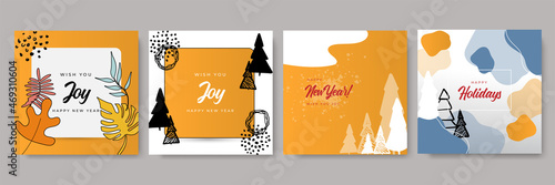 Merry and Bright Corporate Holiday cards. Modern abstract creative universal artistic templates with reindeers, Christmas Tree, birds, floral frames and backgrounds. Happy new year greeting cards.