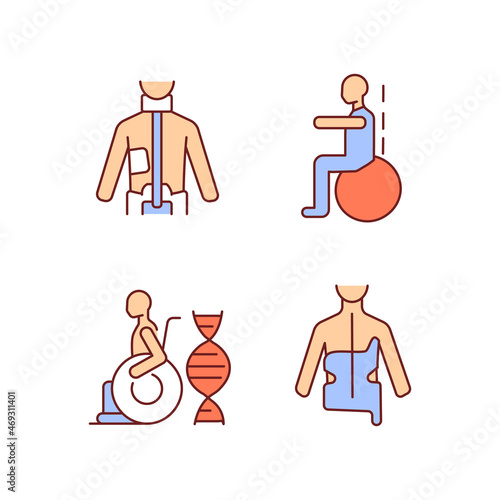 Scoliosis prevention methods RGB color icons set. Spinal curve corrective orthosis. Gymnastics for spine health. Isolated vector illustrations. Simple filled line drawings collection. Editable stroke