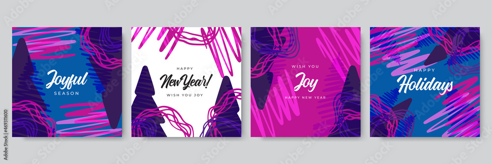 Naklejka premium Merry Christmas greeting cards. Trendy square Winter Holidays art templates. New year greeting cards. Suitable for social media post, mobile apps, banner design and web, internet ads.