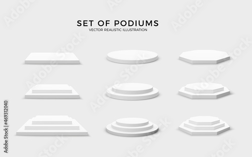 Round hexagonal and square stage collection. Set of empty podiums isolated on white background