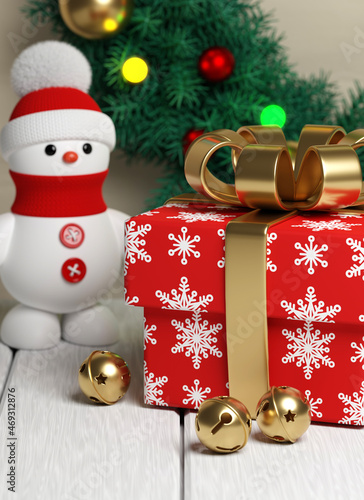 Christmas background with snowman and gift box. 3d render