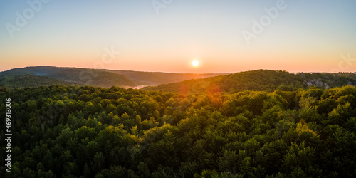 Vibrant foggy evening over dark forest trees at bright summer sunset. Amazingl scenery of wild woodland at dusk