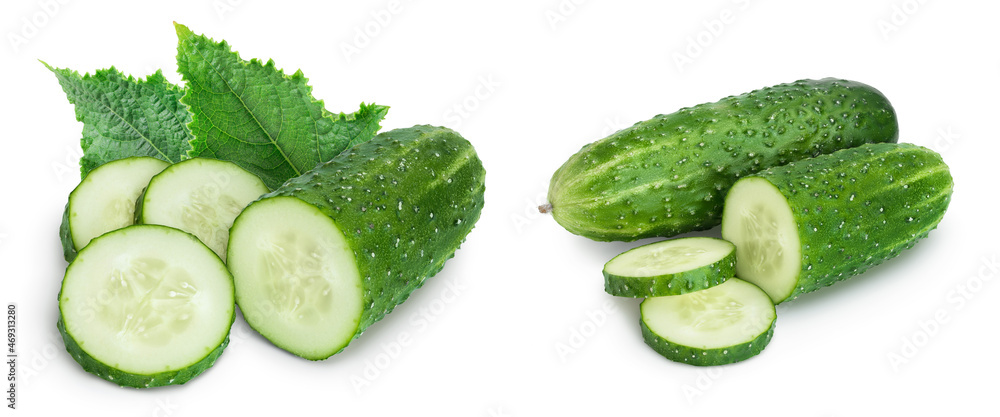 Sliced cucumber isolated on white background with clipping path and full depth of field, Set or collection Sliced cucumber isolated on white background with clipping path and full depth of field, Set or collection