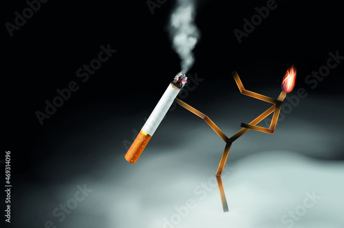 Man made of matches kicking cigarette butt. kicks cigarette. Concept of quitting smoking or tobacco addiction. Stop smoking, quitting smoking concept.