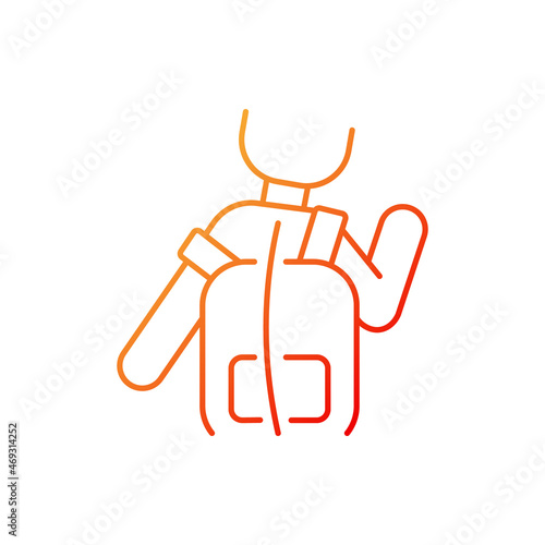 Incorrect use gradient linear vector icon. Scoliosis cause. Backpack wearing wrong way. Posture deformaty development. Thin line color symbol. Modern style pictogram. Vector isolated outline drawing