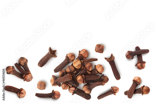 Dry spice cloves isolated on white background. Top view with copy space for your text. Flat lay