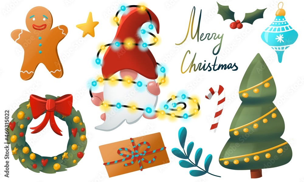 set elements for christmas: gnome, Christmas tree, wreath, gift, brunch, cane, toy, star, garland, gingerbread man. Hand drawn illustration isolated on white background