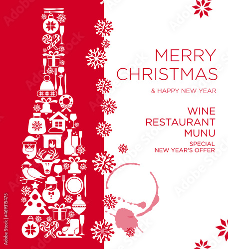 Happy New Year and Merry Christmas Restaurant Menu card poster design with flat champagne bottle with christmas icon and place for your text message.