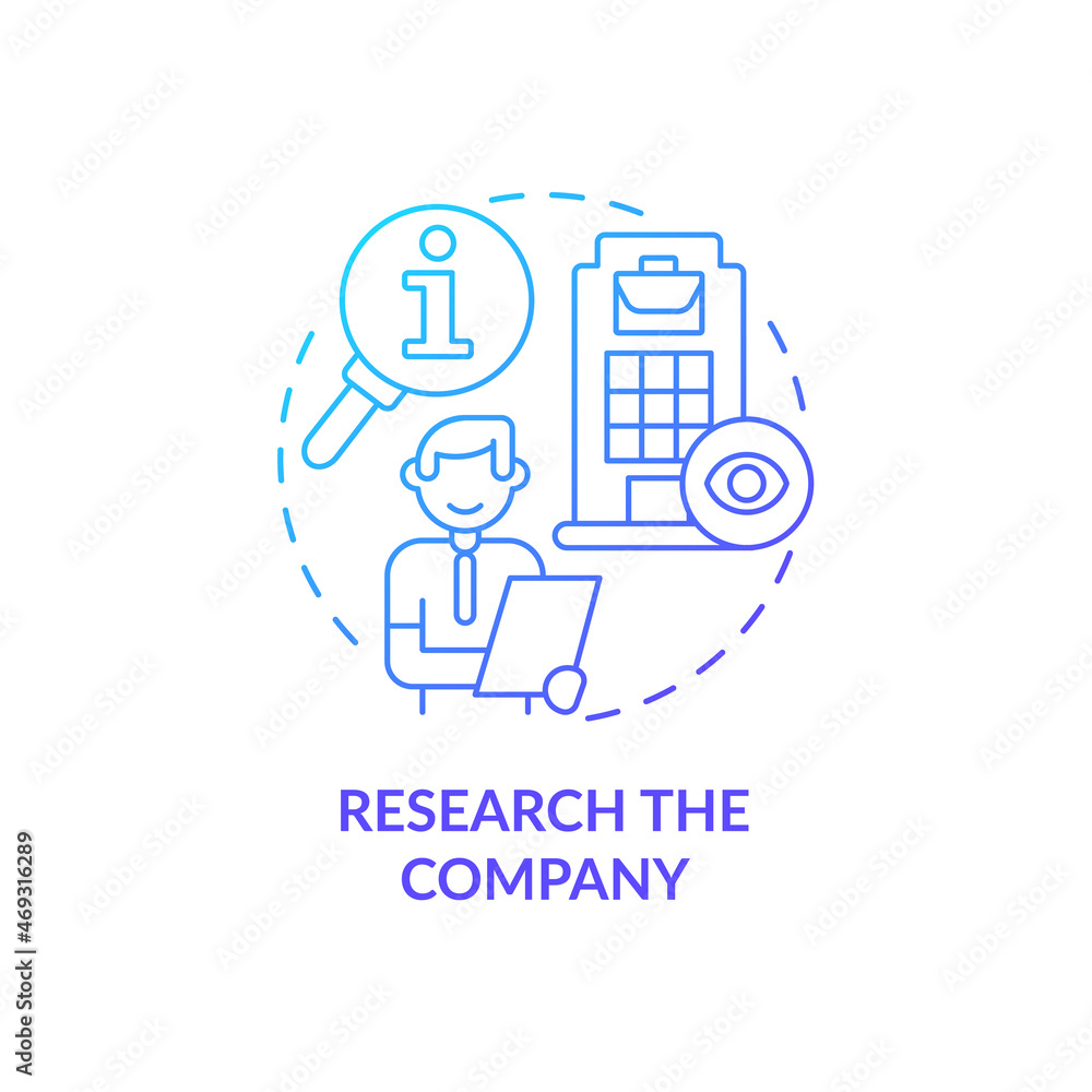 Research company blue gradient concept icon. Preparing for interview abstract idea thin line illustration. Job position. Know info about organization. Vector isolated outline color drawing Research company blue gradient concept icon. Preparing for interview abstract idea thin line illustration. Job position. Know info about organization. Vector isolated outline color drawing