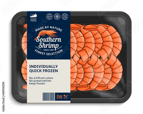 Vector shrimp label template, seafood package illustration. Prawn illustrations and food tray mockup
