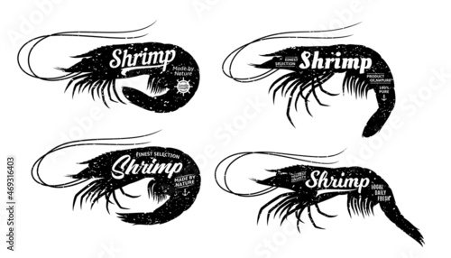 Set of seafood logo templates. Shrimps with sample text. Retro styled prawn silhouettes collection