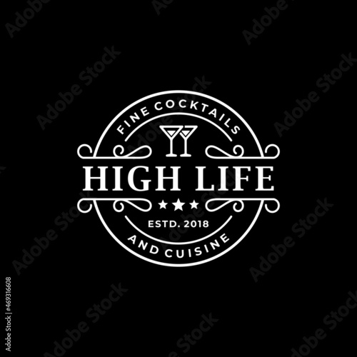 Vintage Bar Cocktail Club and Cuisine Stamp Logo Design 
