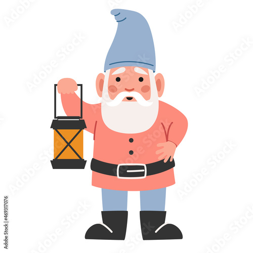 Funny Garden Gnome Isolated on White Background. Cute Elf Character Wear Blue Cap with Lantern in Hand. Design Element