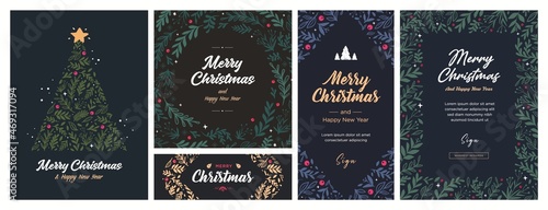 Set of Christmas and Happy New Year Floral Card templates. Trendy retro style. Vector design element.