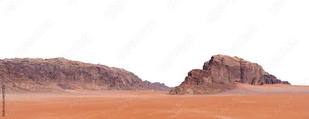 Landscape at Wadi Rum desert (Jordan) isolated on white background