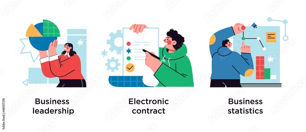 Naklejka premium Business icons set. Market success, digital paperwork, corporate research. Business leadership, electronic contract, business statistics metaphors.