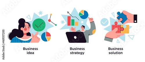 Business plan abstract concept vector illustration set. Business idea, strategy and solution abstract metaphor.