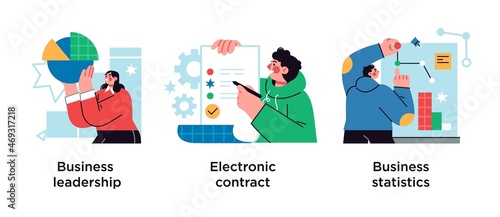 Business icons set. Market success, digital paperwork, corporate research. Business leadership, electronic contract, business statistics metaphors.